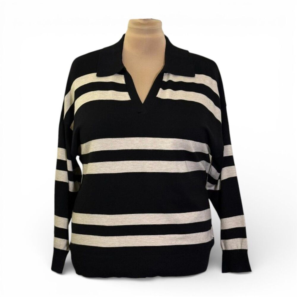 T TAHARI Black Heather Double Stripe Polo Sweater, NWT! Size 1X